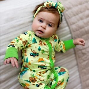 Free Birdees “Bigfoot Camping” Bamboo Zippy – Size 6–12M with matching bow!